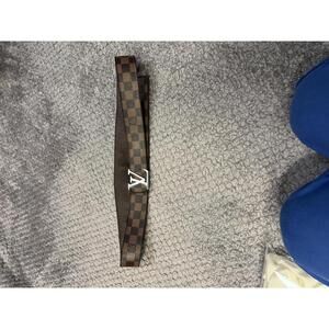 Louis Vuitton Damier Ebene Canvas Belt with Silver LV Buckle 44 inches